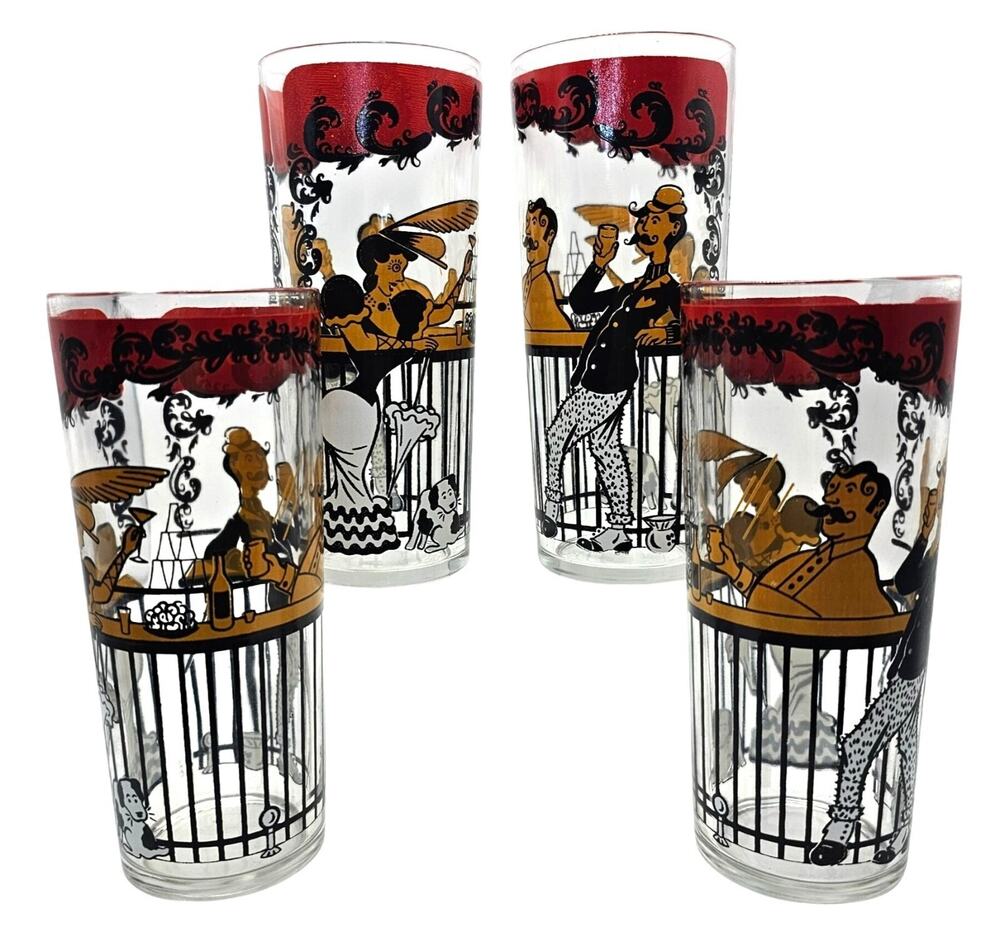 Vintage Hazel Atlas Gay 90s Saloon Highball Glasses MCM Bar Tumbler Set of 4